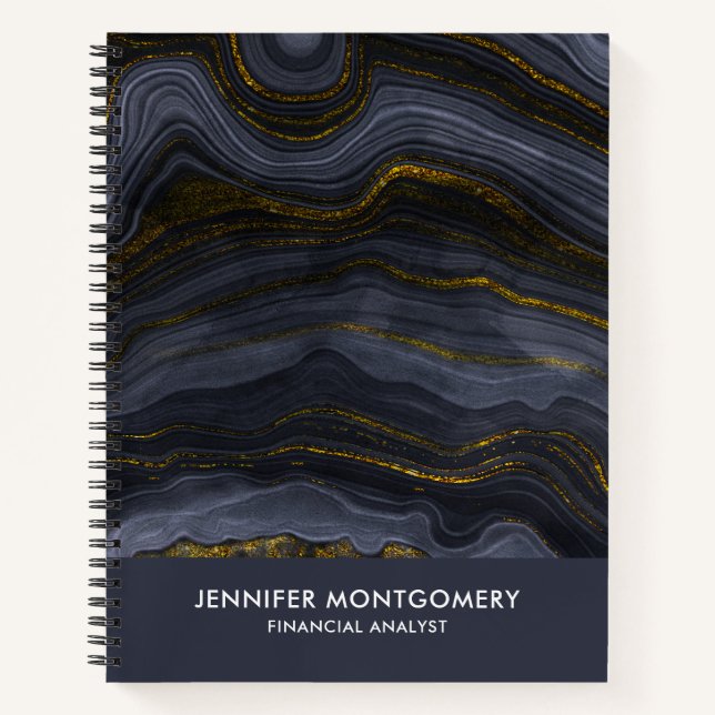 Modern Black & Gold Agate Stone Abstract Notebook (Front)