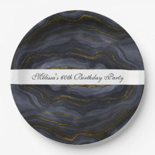 Modern Black & Gold Agate Stone Abstract Paper Plate