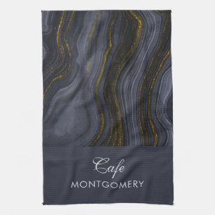 Modern Black & Gold Agate Stone Abstract Tea Towel