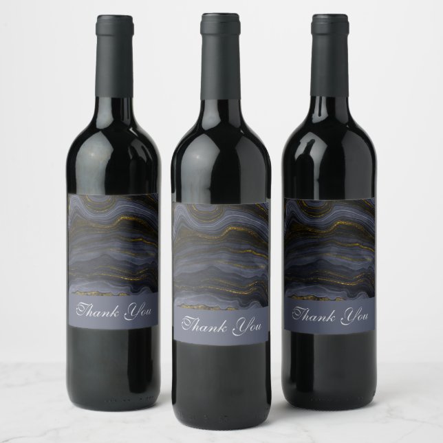 Modern Black & Gold Agate Stone Abstract Thank You Wine Label (Bottles)