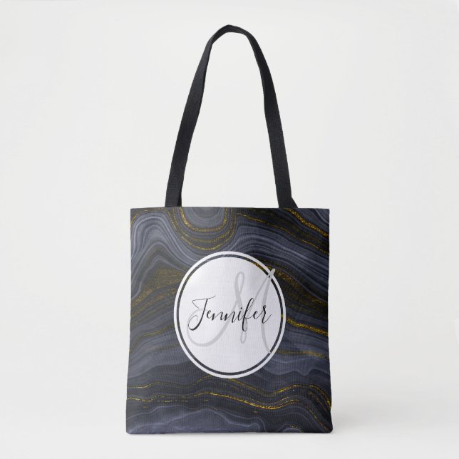 Modern Black & Gold Agate Stone Abstract Tote Bag (Front)