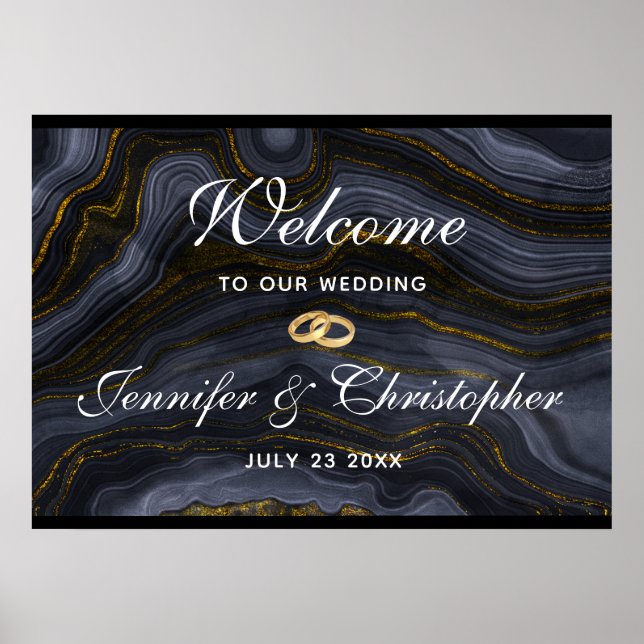 Modern Black & Gold Agate Stone Abstract Wedding Poster (Front)