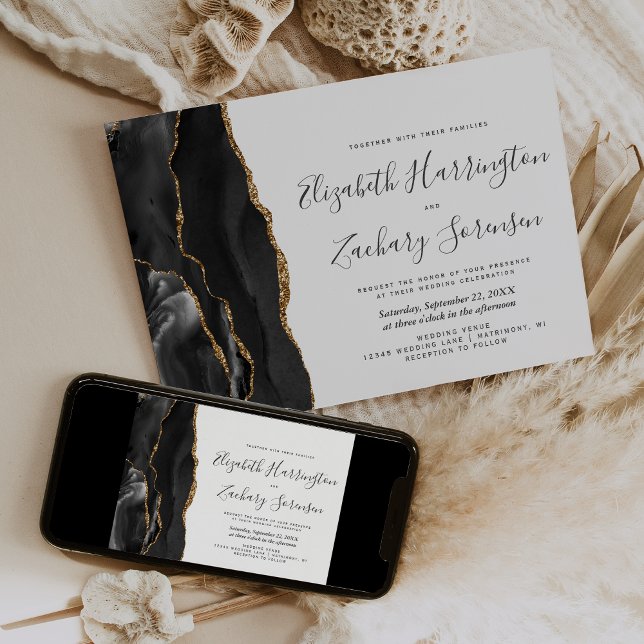 Modern Black Gold Agate Wedding Invitation (Creator Uploaded)