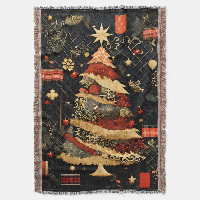 Modern Black Gold and Red Christmas Tree Throw Blanket (Front Vertical)