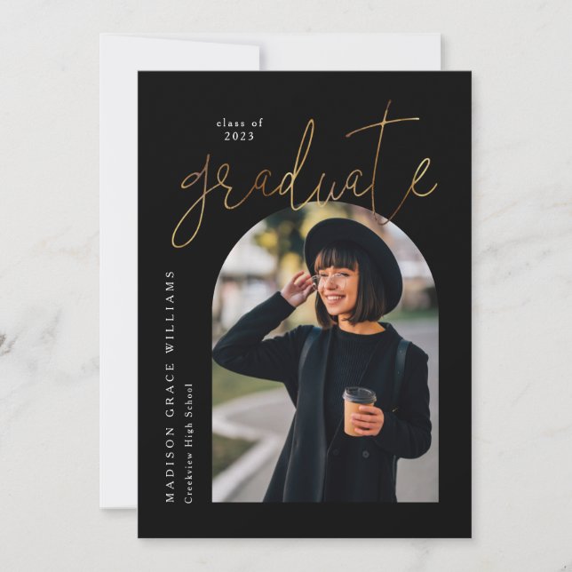 Modern Black Gold Arch Graduation Announcement (Front)