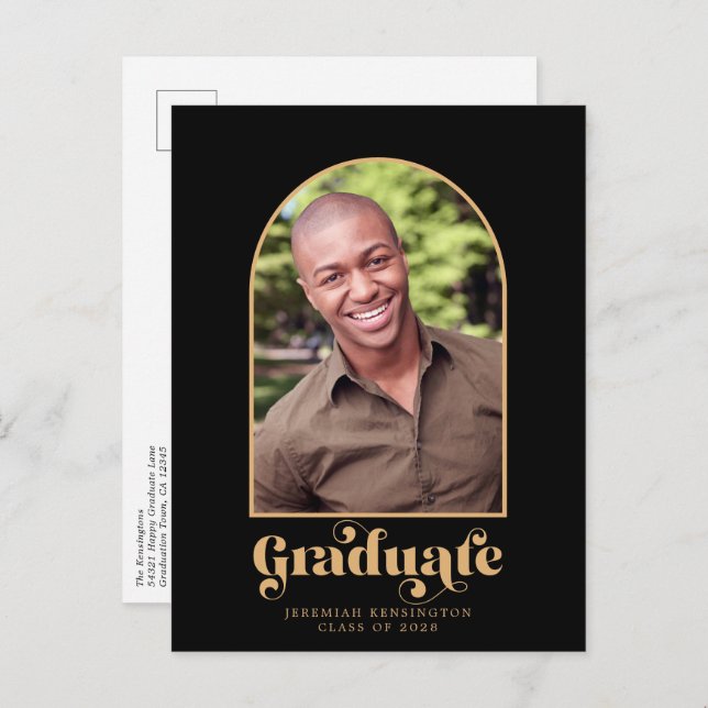 Modern Black Gold Arch Photo Graduation Announcement Postcard (Front/Back)