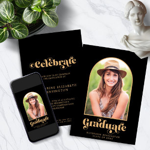 Modern Black Gold Arch Photo Graduation Party Invitation