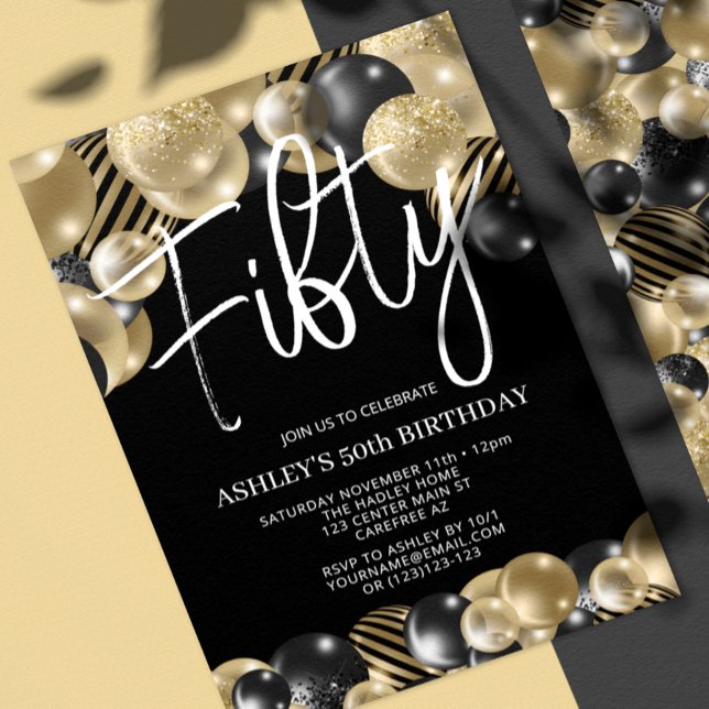 Modern Black Gold Balloon 50th Birthday Invitation (Creator Uploaded)