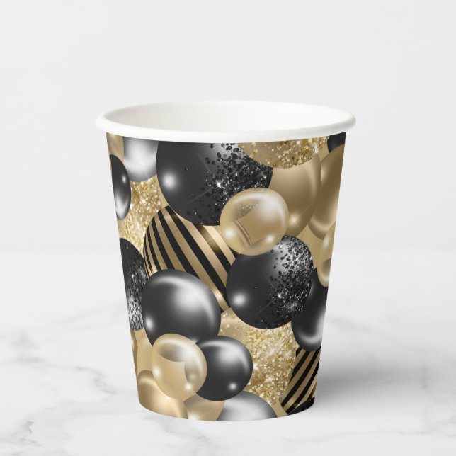 Modern Black Gold Balloon 50th Birthday Paper Cups (Front)