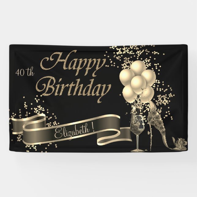 Modern Black Gold Balloons,Glass, Heel Banner (Horizontal)
