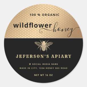 Modern black gold bee script Honey jar Classic Ro Round Sticker