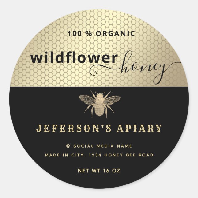 Modern black gold bee script Honey jar  Classic Round Sticker (Front)
