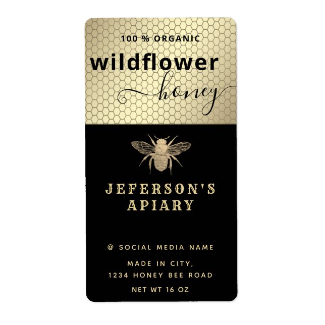 Modern black gold bee script Honey jar   Label (Front)
