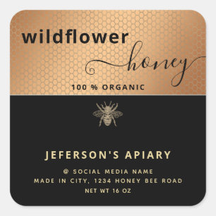 Modern black gold bee script Honey jar Square Stic Sticker