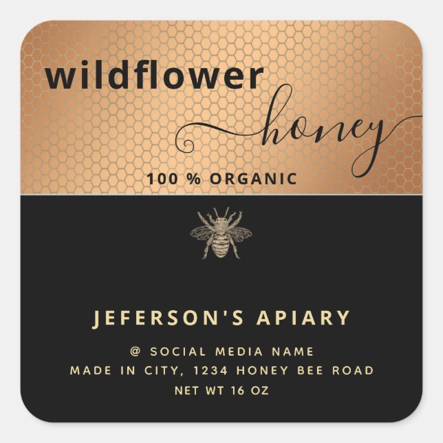 Modern black gold bee script Honey jar Square Stic Sticker (Front)