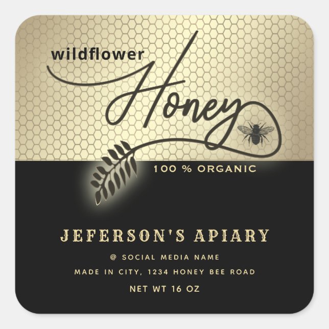 Modern black gold bee script Honey jar  Square Sticker (Front)