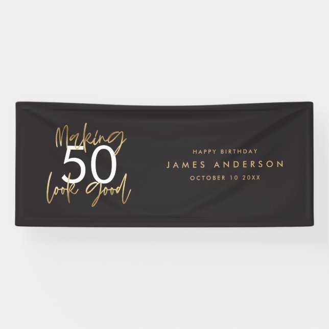 Modern black gold birthday simple elegant script banner (Horizontal)