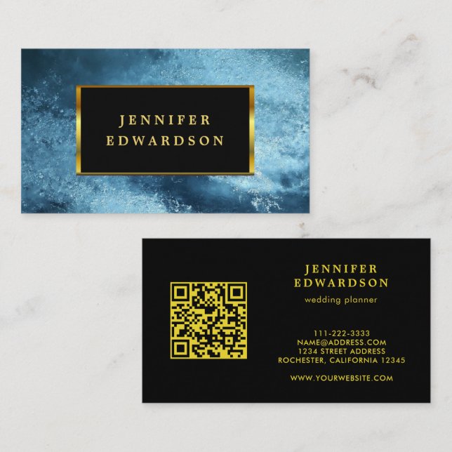 Modern black gold blue ice QR code professional Business Card (Front/Back)