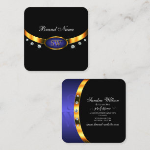 Modern Black Gold Blue with Initials and Diamonds Square Business Card