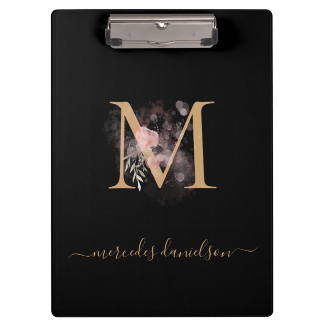 Modern Black Gold Blush Pink Floral Monogrammed   Clipboard (Front)