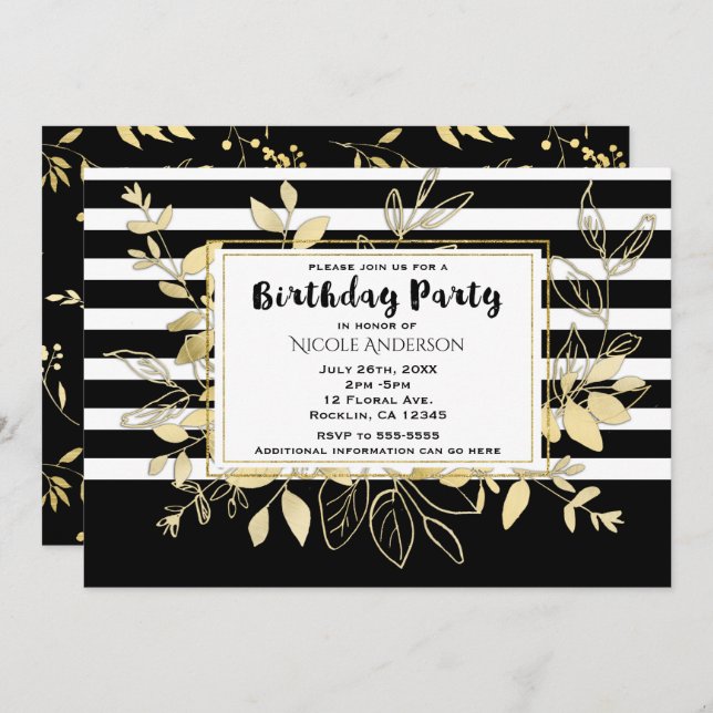 Modern Black Gold Botanical Glamour Birthday Party Invitation (Front/Back)