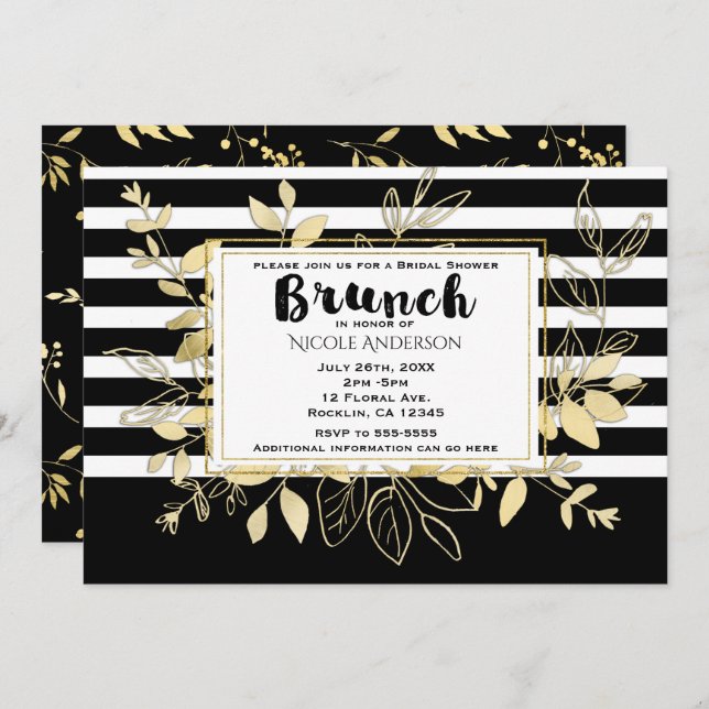 Modern Black Gold Botanical Glamour Bridal BRUNCH Invitation (Front/Back)
