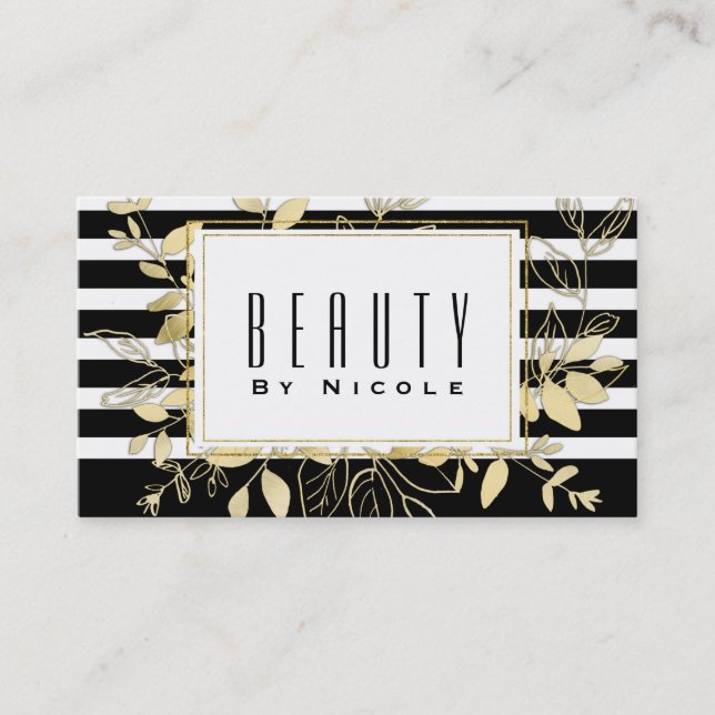 Modern Black Gold Botanical Glamour Chic Elegant Business Card (Front)