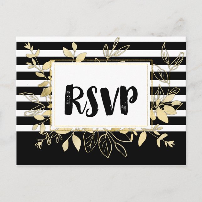 Modern Black Gold Botanical Glamour Wedding RSVP Invitation Postcard (Front)