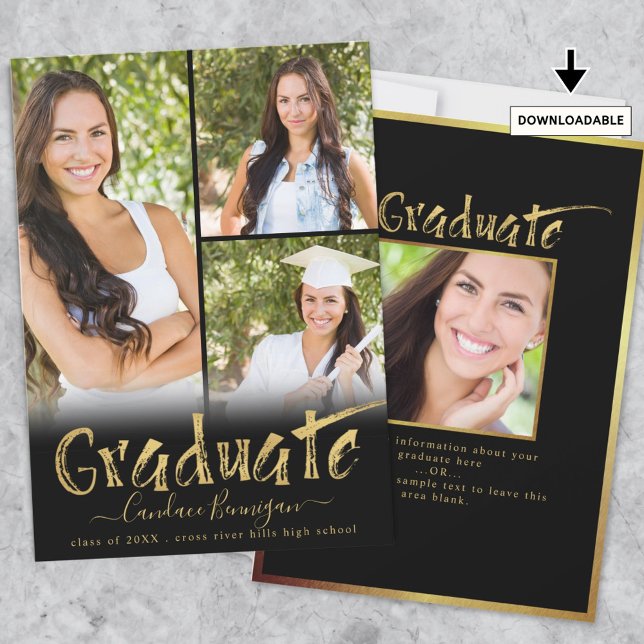 Modern Black Gold Brush Graduate Photo Collage Announcement (Creator Uploaded)