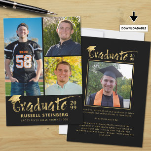 Modern Black Gold Brushstroke Graduate 4 Photos Announcement