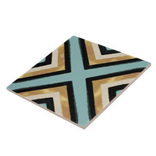 Modern Black Gold Brushstrokes Mint Geometric Ceramic Tile