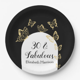 Modern Black Gold Butterflies Fabulous Birthday Paper Plate