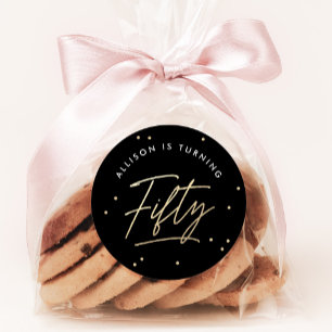 Modern Black Gold Calligraphy 50th Birthday Classic Round Sticker