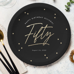 Modern Black Gold Calligraphy 50th Birthday Paper Plate