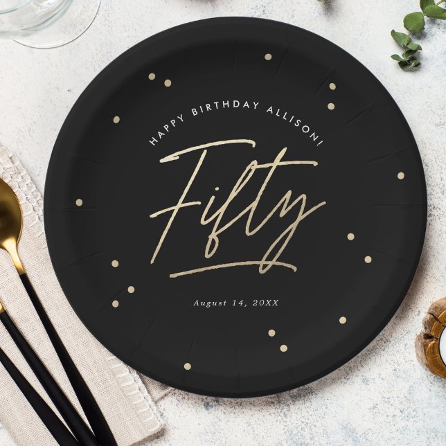 Modern Black Gold Calligraphy 50th Birthday Paper Plate (Creator Uploaded)