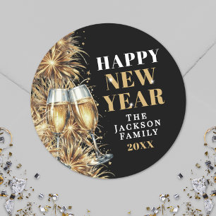 Modern Black Gold Champagne New Year's Eve Party Classic Round Sticker