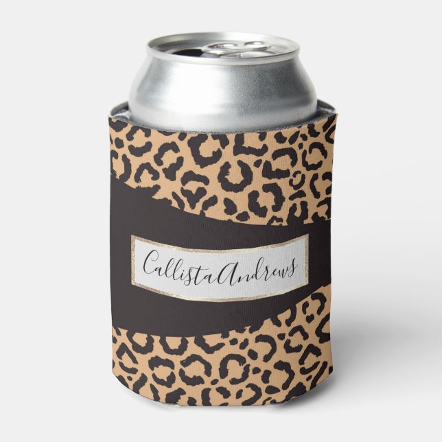 Modern Black Gold Cheetah Leopard Animal Print Can Cooler (Can Front)