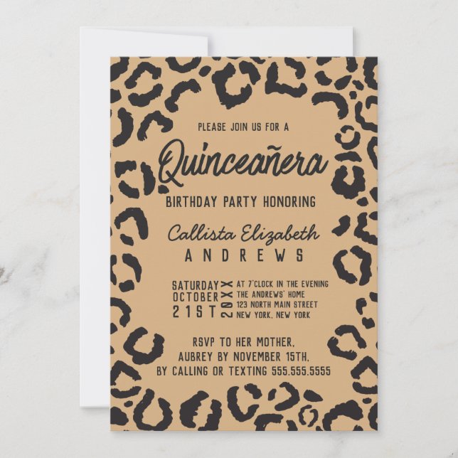 Modern Black Gold Cheetah Leopard Quinceañera Invitation (Front)