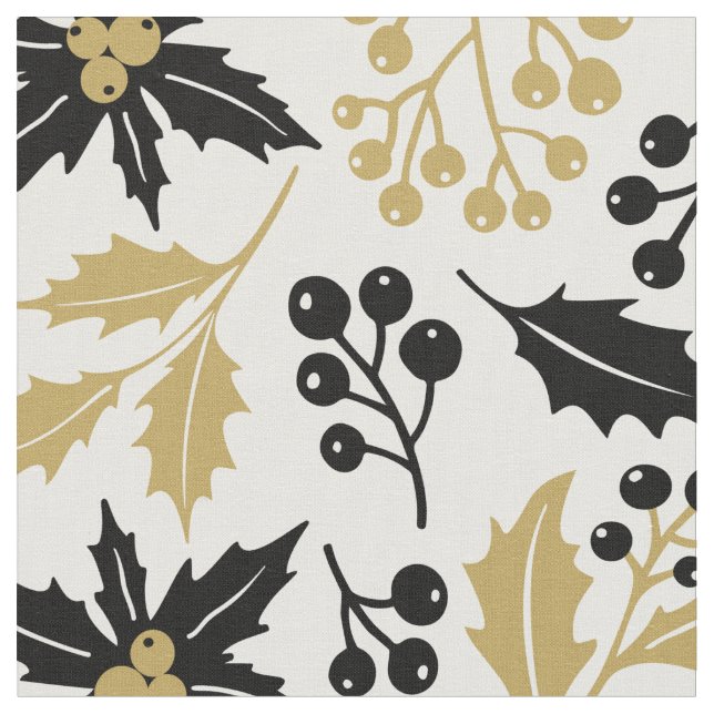 Modern Black Gold Christmas Holly Berries Pattern Fabric (Close Up)