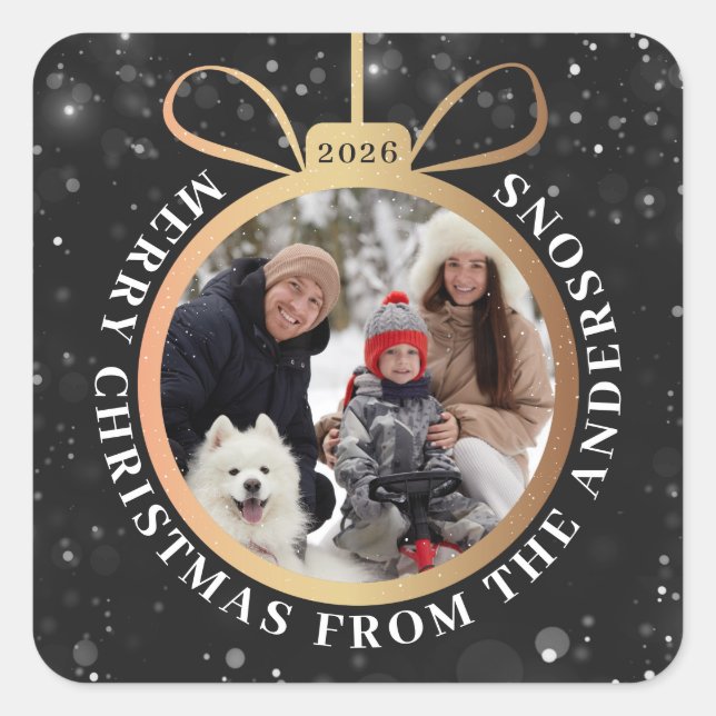 Modern Black Gold Christmas Ornament Holiday Photo Square Sticker (Front)