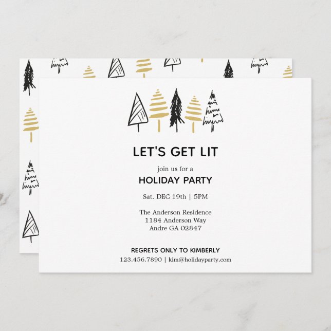 Modern Black & Gold Christmas Tree Pattern Invitation (Front/Back)