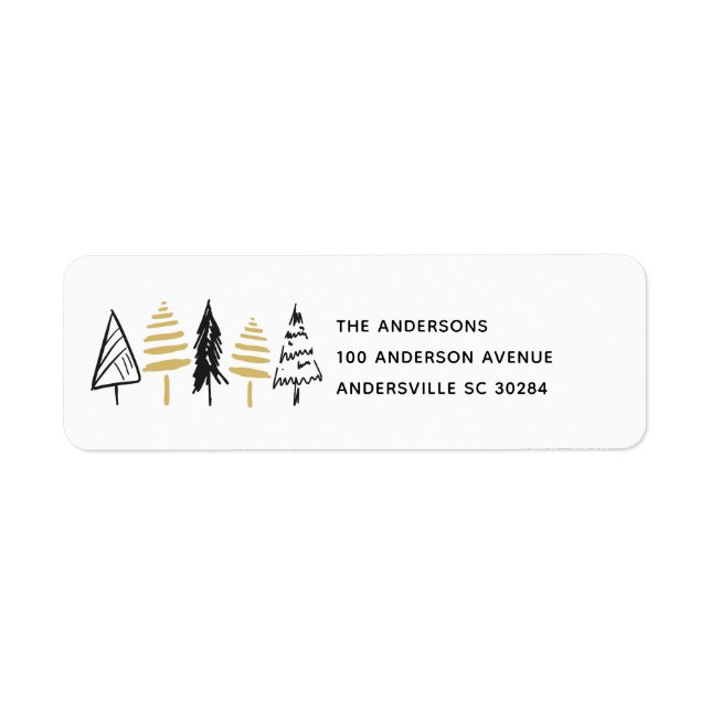 Modern Black & Gold Christmas Tree Return Address Label (Front)