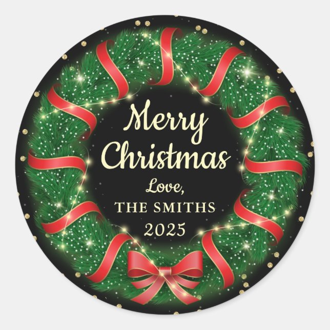 Modern Black Gold Christmas Wreath Holiday Classic Round Sticker (Front)