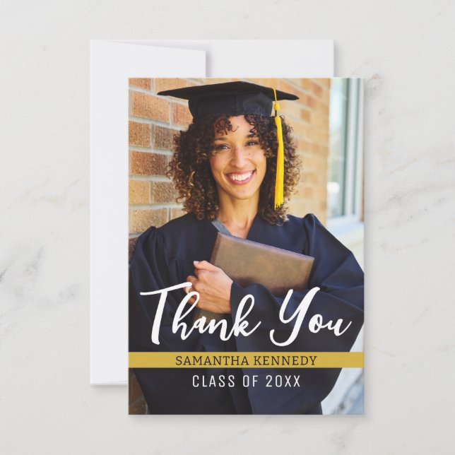Modern Black & Gold Class of 2025 Grad Cap Photo  Thank You Card (Front)