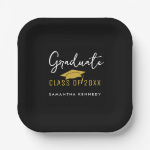 Modern Black & Gold Class of 2025 Graduation Cap Paper Plate