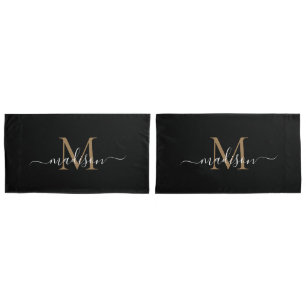 Modern Black Gold Classic Monogram Feminine Script Pillowcase
