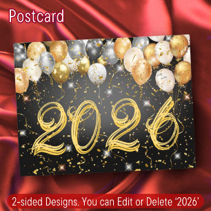 Modern Black & Gold Confetti Balloons New Year Eve Holiday Postcard