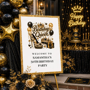 Modern Black Gold Confetti Birthday Queen Welcome Poster