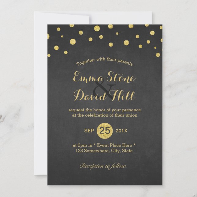 Modern Black & Gold Confetti Dots Wedding Invitation (Front)