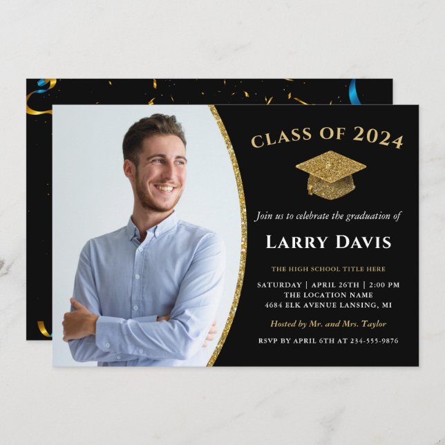 Modern Black & Gold Confetti Photo Graduation Invitation (Front/Back)